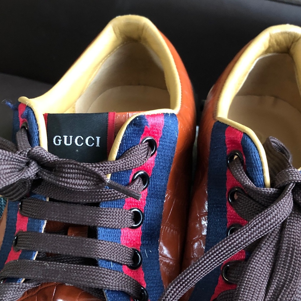Gucci Men’s Brown Leather Sneakers with Red & Blue Web and Yellow Collar